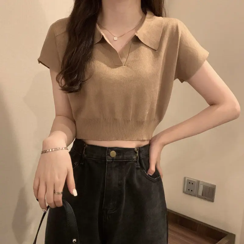 Polo neck short sleeve knitted ice silk top women\'s summer thin 2023 new early spring inner T-shirt