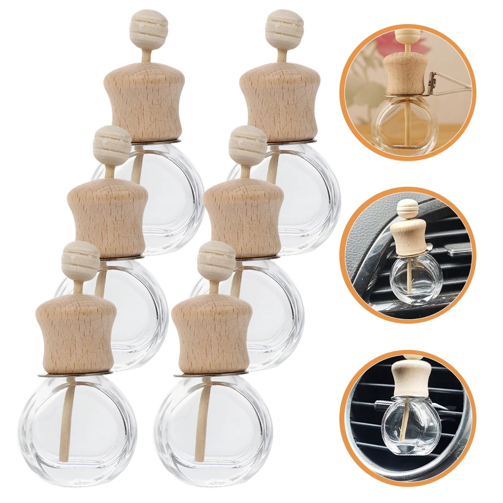 

6 Pcs Aromatherapy Bottles Car Scent Diffuser 10ml High Waist Round Glass Wood Material Essential Oil Holder Reusable Refillable