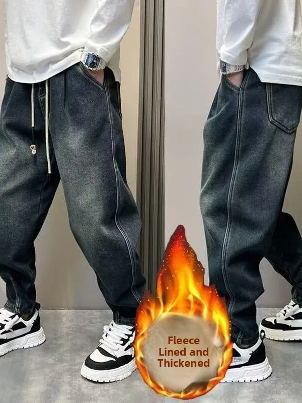

Thiened Fce Lined Casual Men's Jeans Autumn Winter Small Leggings Harlan Pants Stand Fit Warm Polyester Fiber