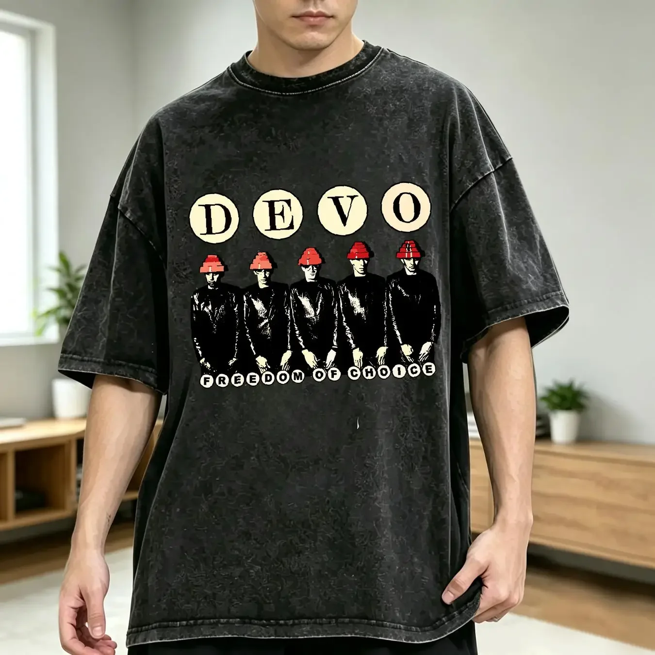 washed T Shirt New Devo Band Freedom Of Choice Black Cotton long or short sleeves vintage Washed streetwear Stylish Casual