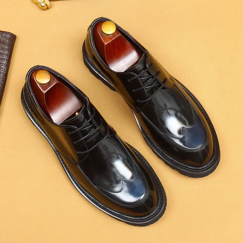 British Style Mens Derby Shoes Patent Leather Luxury Handmade Elegant Genuine Leather Wedding Social Party Shoes Male Size 46 image 2
