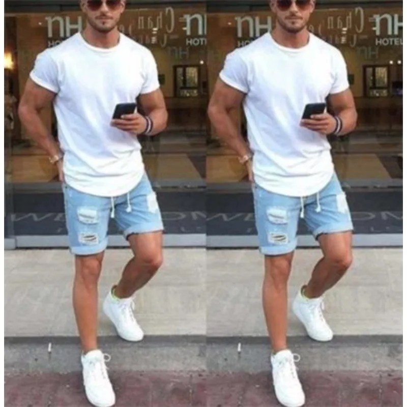 Summer New Small Fresh Jeans Men's Solid Color Ripped Fashion Casual Daily Denim Shorts