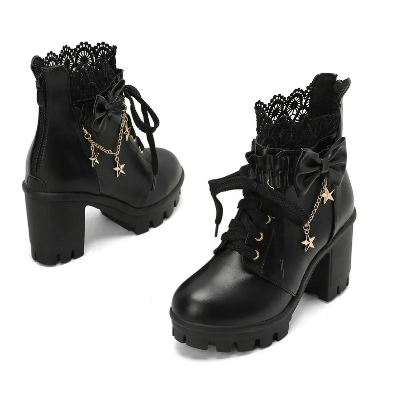 Kawaii Lolita Ankle Boots Round Toe Block High Heel Bow Chain Decor Autumn Winter Short Booties