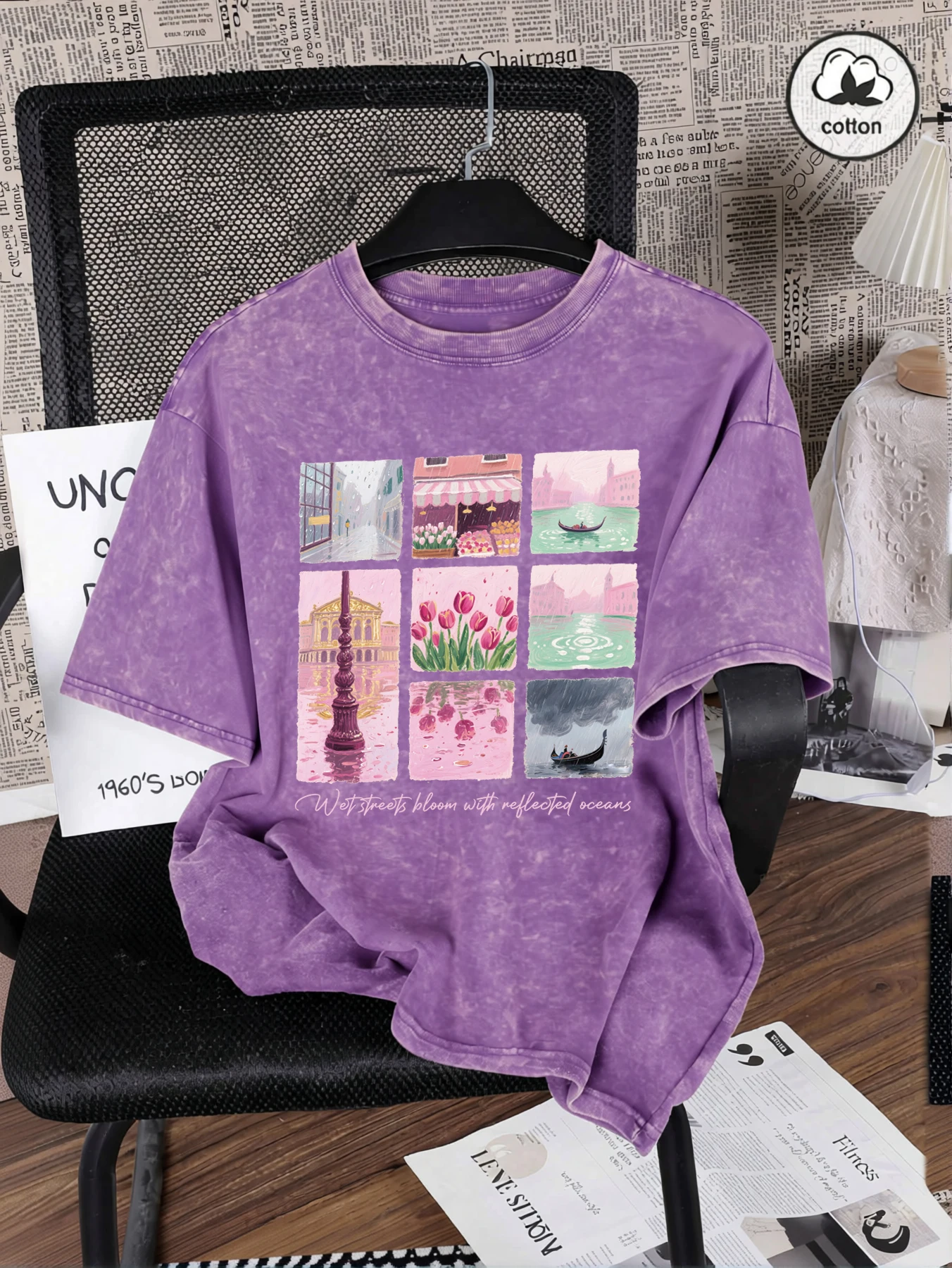 Wet Streets Bloom With Reflected Oceans Print Damen Washed T-Shirt Sommer O-Ausschnitt T-Shirt Baumwolle Lose Kleidung Hip Hop Tops