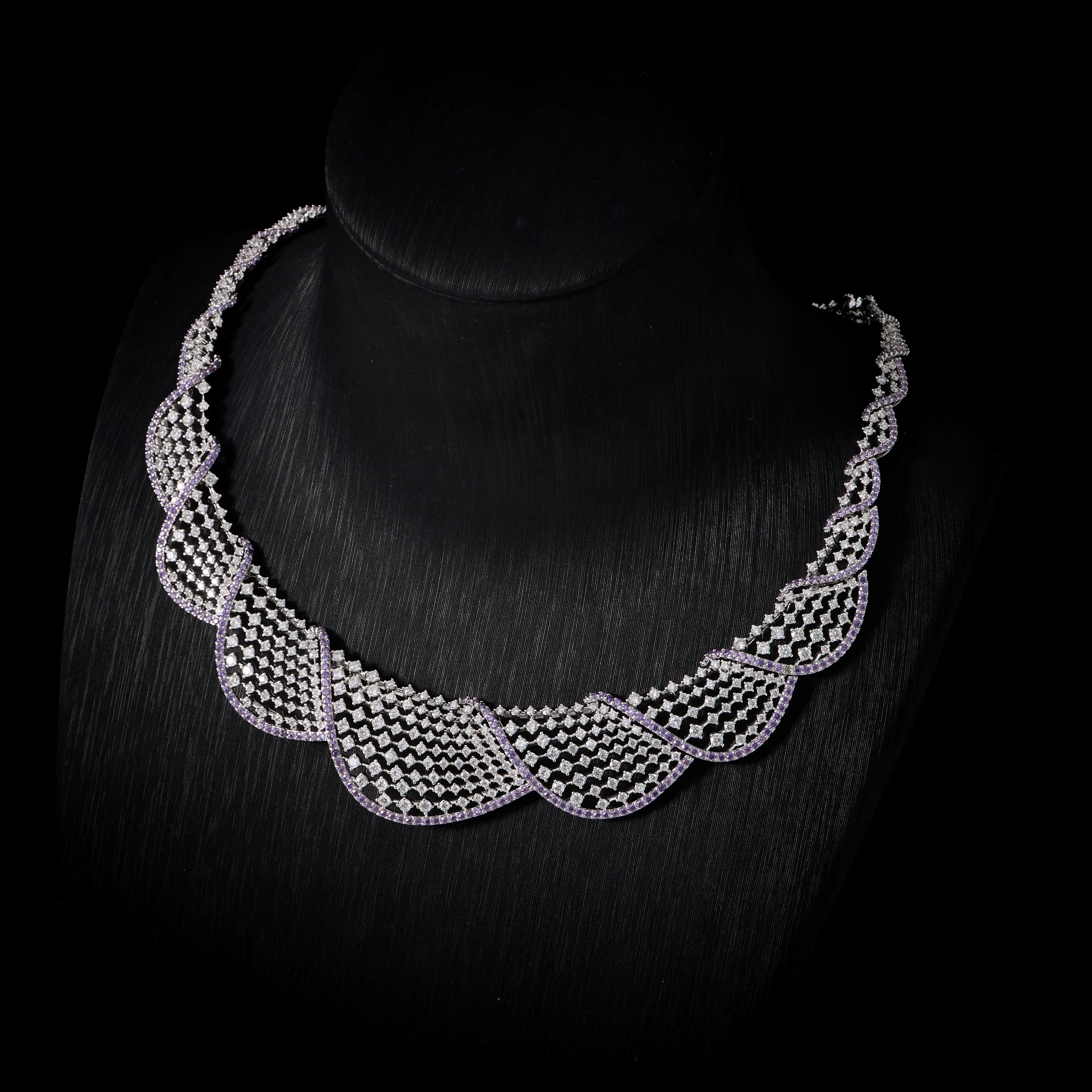 00119  Elegant Wave Pattern 4-Piece Jewelry Set Cubic Zircon Bridal Party Necklace Bracelet Earrings Ring for Women Evening Prom