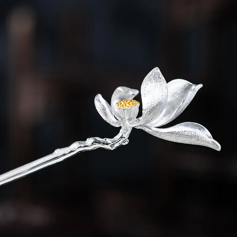 

S925 Silver Lotus Hairpin Hair Jewelry Original Design Chinese Style Breeze Lotus Rhyme Hairpin Hair Lotus Hairpin Step-shaking