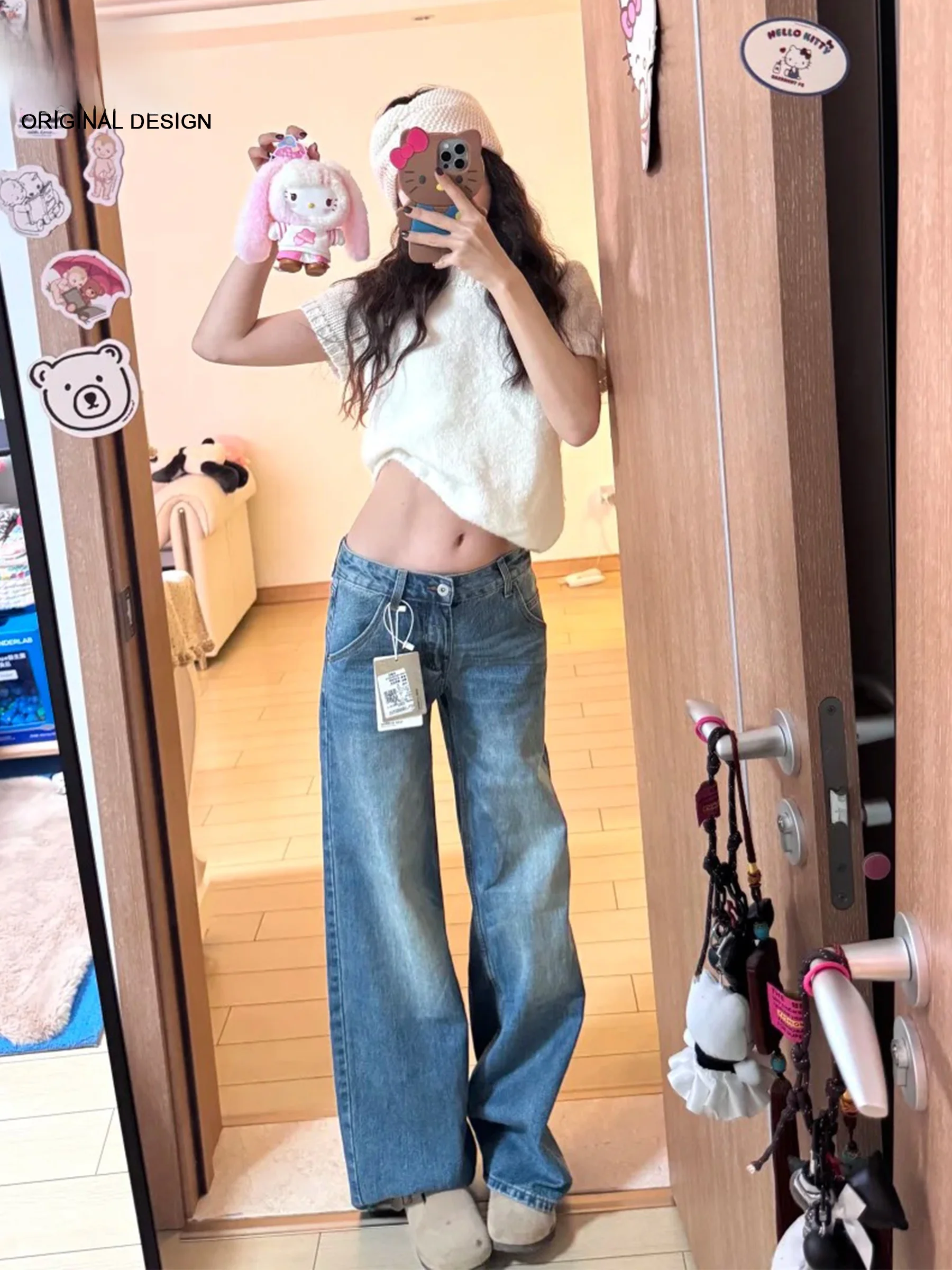 

Low Waist Straight Leg Blue Vintage Washed Denim Jeans Women's Summer Slimming Wide Leg Long Pants Casual American Style