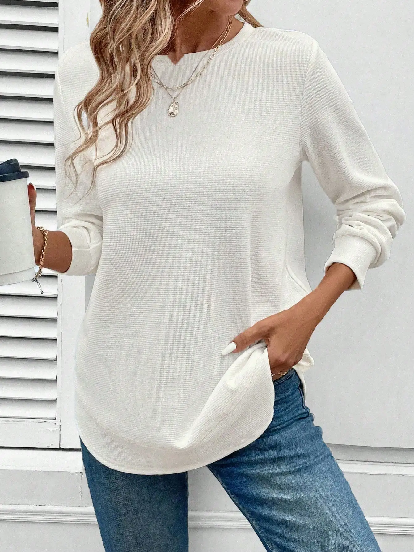 Women's Basic Asymmetric Hem Waffle Pattern Casual Comfort Sweatshirt