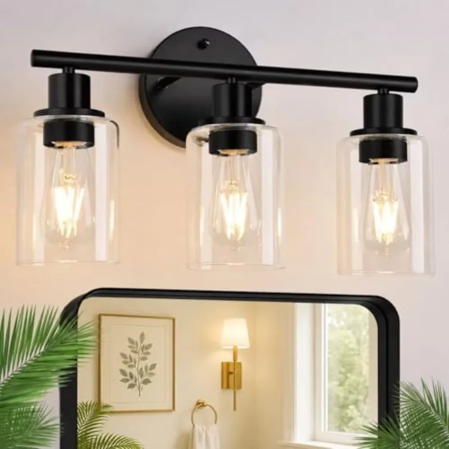 

3-Light Bathroom Light Fixtures, 17.23" Black Modern Vanity Lights with Clear Glass Shade, Bathroom Wall Lamp for Mirror Kitche