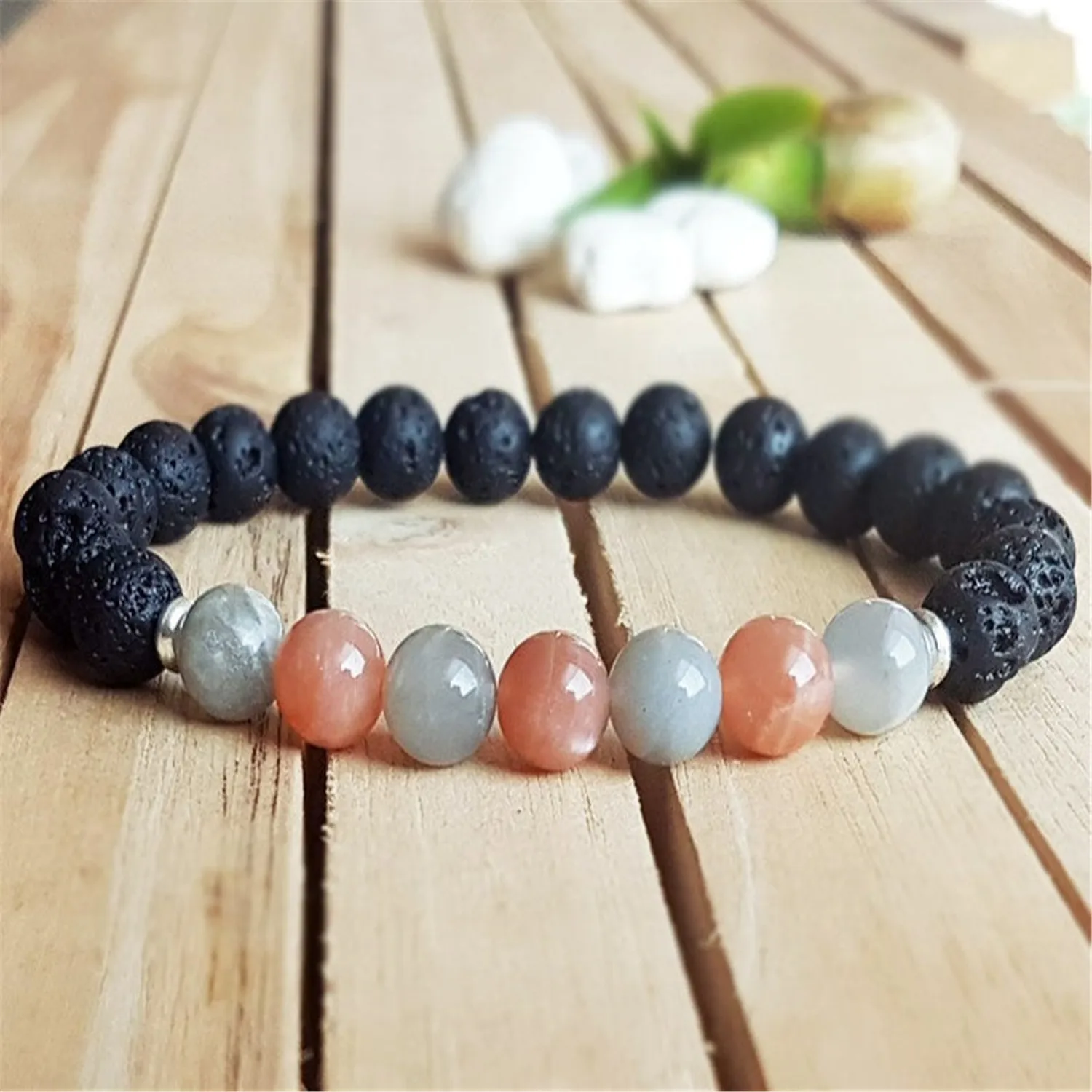 

8mm Natural Lava Stone Mala silvering Bracelet Link Stackable Unisex Teens Wrap Chain Charm Jewelry Lovers Beaded Men