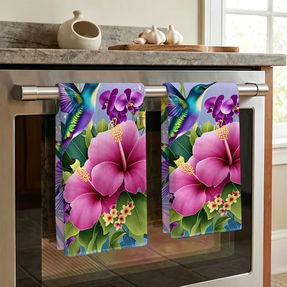 1pc/2pcs Hummingbird Print Kitchen Towel-Super absorbent, reusable polyester dishcloths perfect for home decor, cooking, baking