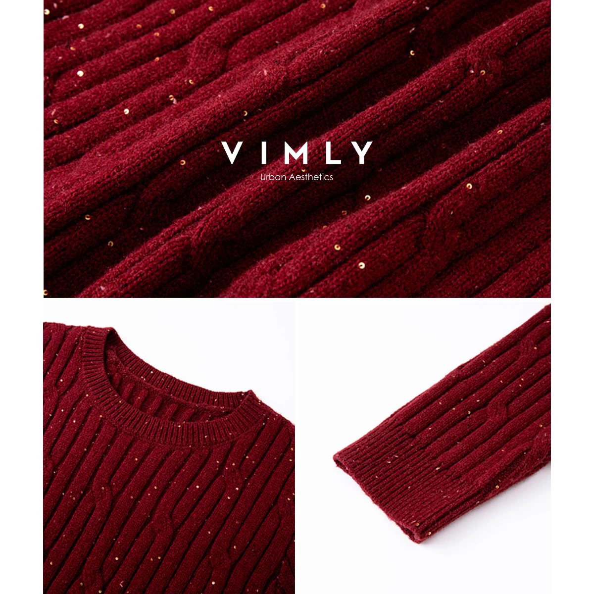 VIMLY Herfst 2025 Mode Vrouw Nieuwe Gebreide Rode Truien Casual Lovertjes Ronde Hals Trui Elegante Stretch Dames Truien 75130