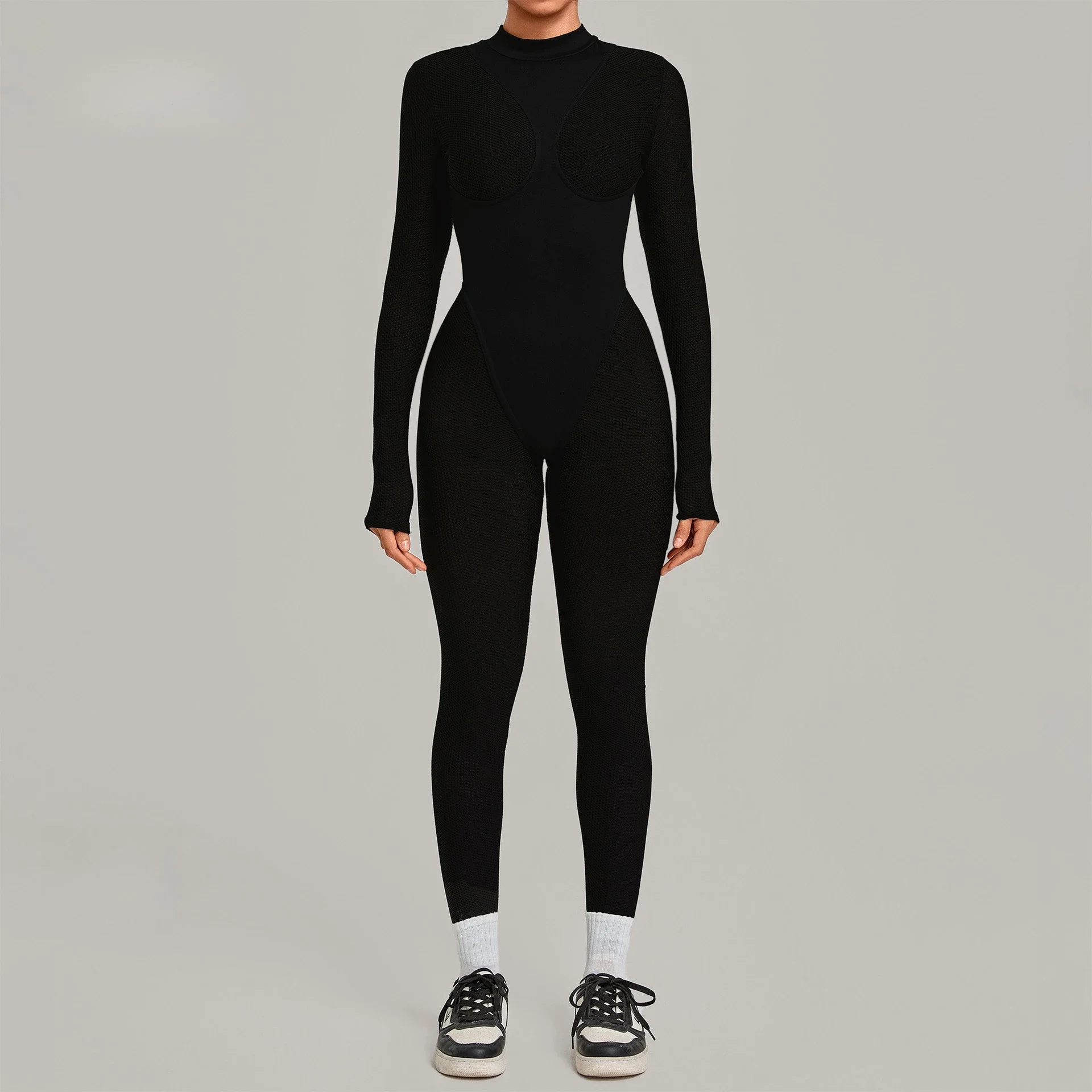 Women's Ribbed One Piece Workout Jumpsuit High Neck Long Sleeve Butt Lift Sport Bodysuit Gym Training Activewear No Chest Pads