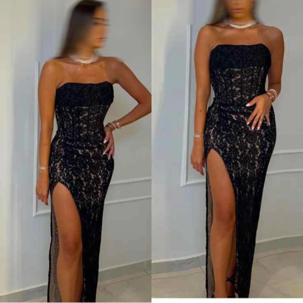 

Customized Modern Tulle Strapless Evening Dress Delicate Sleeveless Prom Dresses Temperament Side Slit Special Occasion Gowns