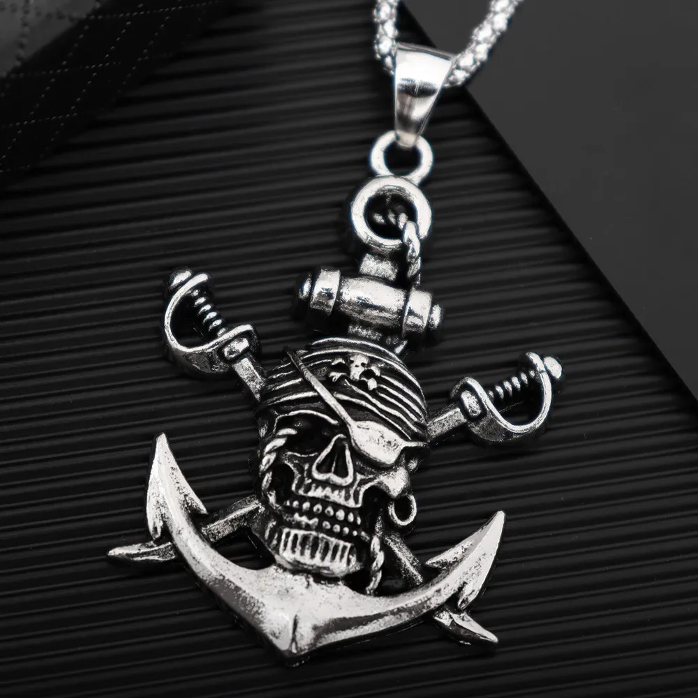 Vintage Double Sword Pirate Titanium Steel Men\'s Pendant Necklace Retro Halloween Skull Ghost Head Anchor Necklace Accessories