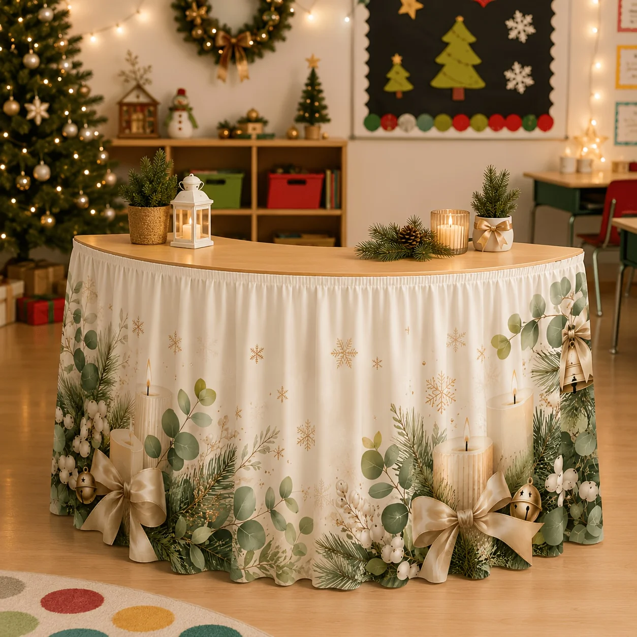 1 piece of neutral Bohemian-style Christmas table skirt, featuring eucalyptus pine branches, white berries, and cream ribbonsxzj