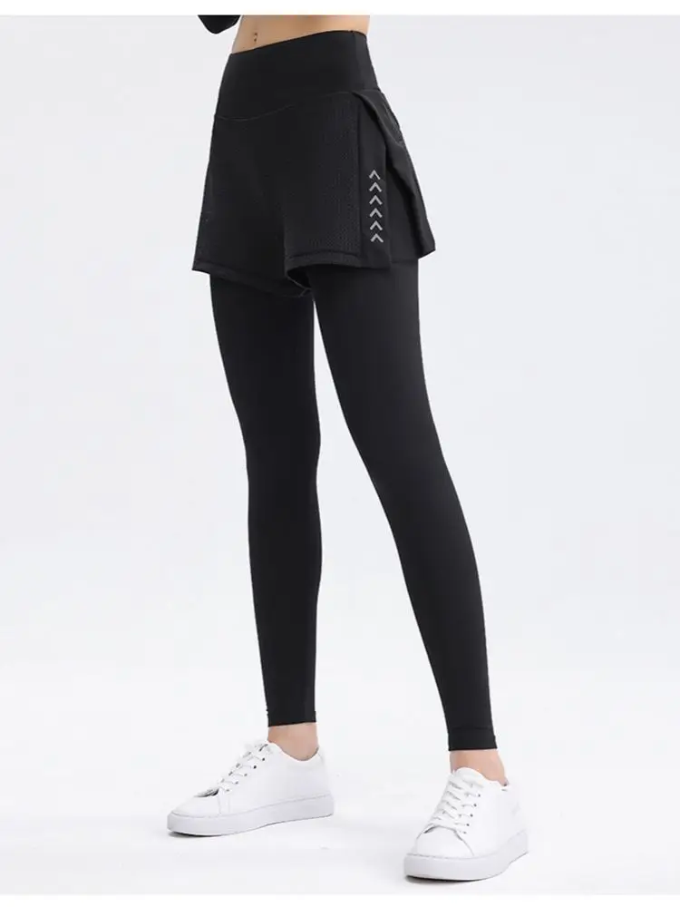 Women Sports Leggings Elastic High Waist Yoga Pants Fake Two Piece Running Trousers Quick Dry Elastic Gym Fitness Tights Female