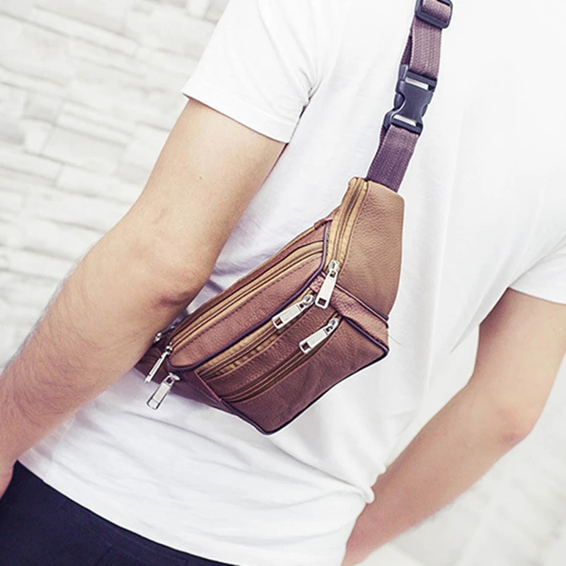 Bolsa de peito masculina de couro/náilon, fina, esportes ao ar livre, tática, pequena, corrida, pochete, crossbody, peito, dinheiro, cinto