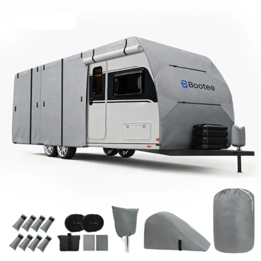 

RV cover for travel trailer, 30-33 ft, 7-layer heavy duty polyethylene, black, waterproof UV-resistant windproof with straps, v