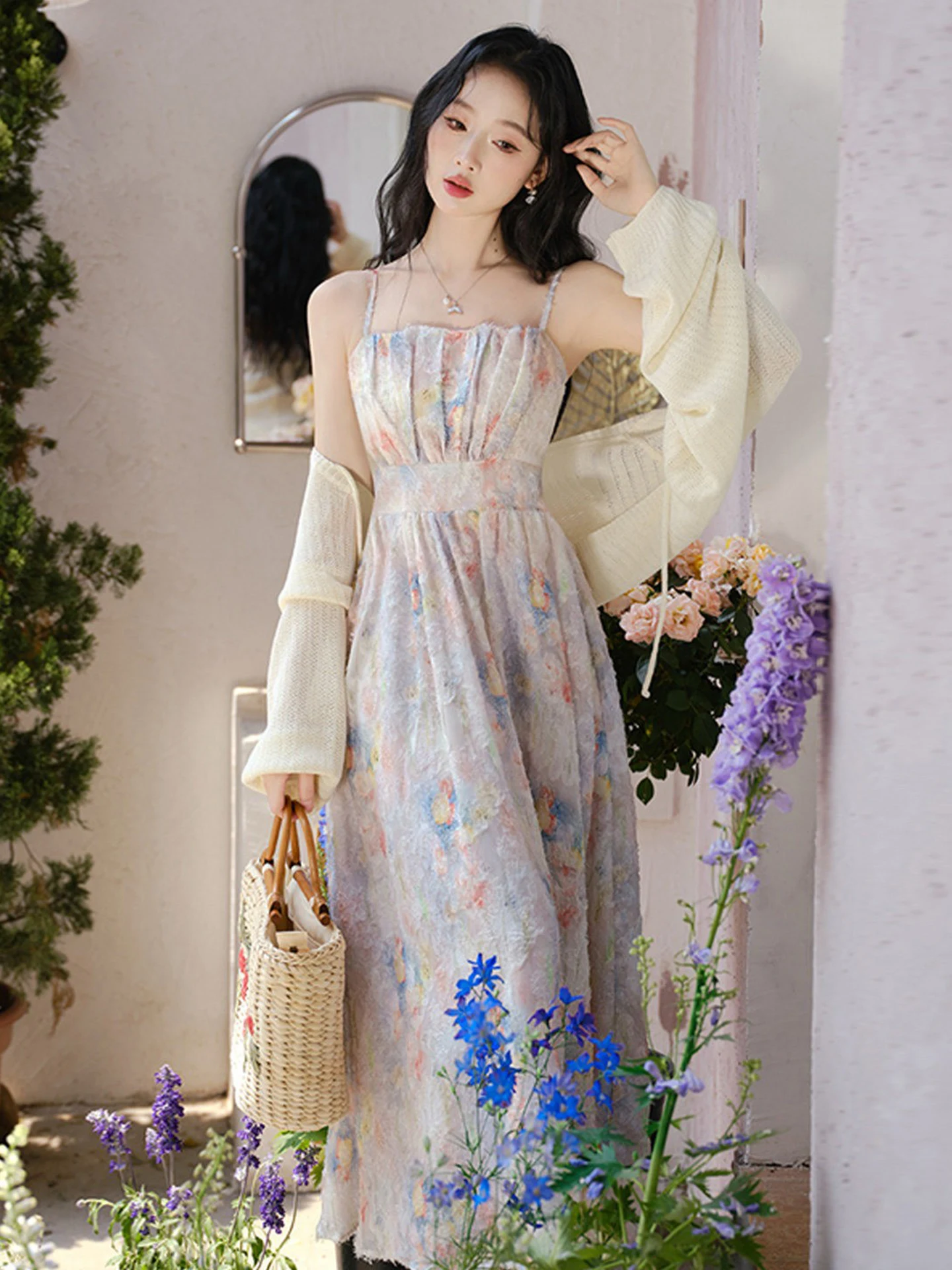 

Stunning Floral Print Knitted Cardigan And Crop Top Set Women's Fashion Spring Summer Outfit High Waist Pants V Neck Zipper