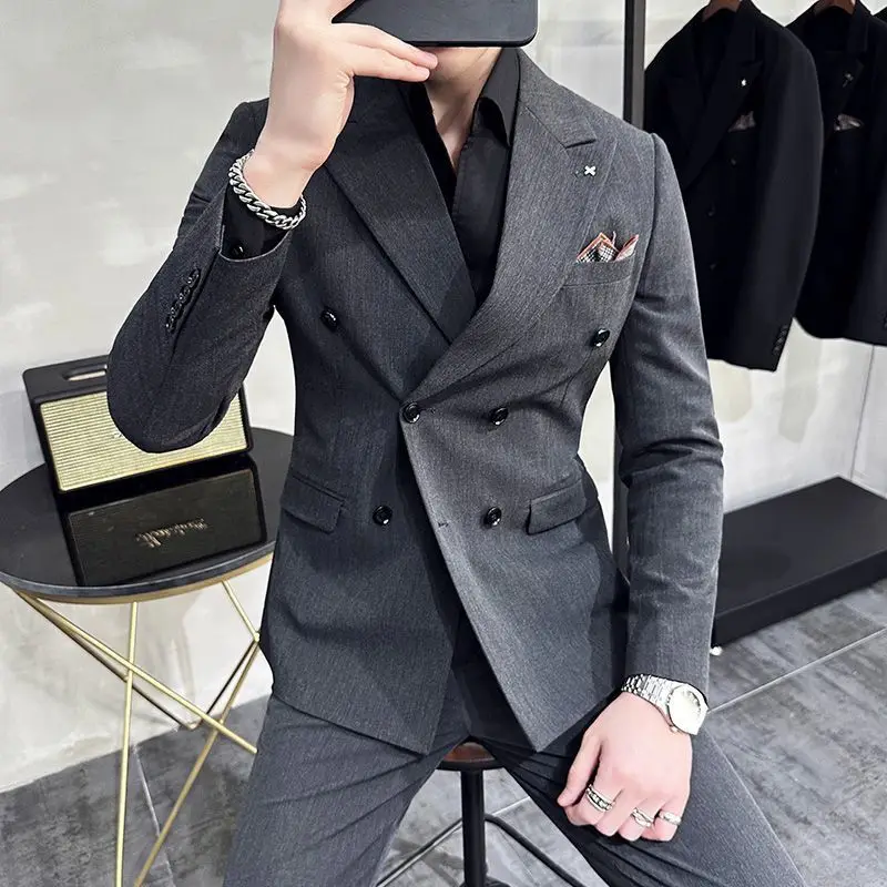 Gaijia quatro estações grosso e fino terno trespassado masculino estilo coreano fino-ajuste elegante pequeno terno de negócios high-end