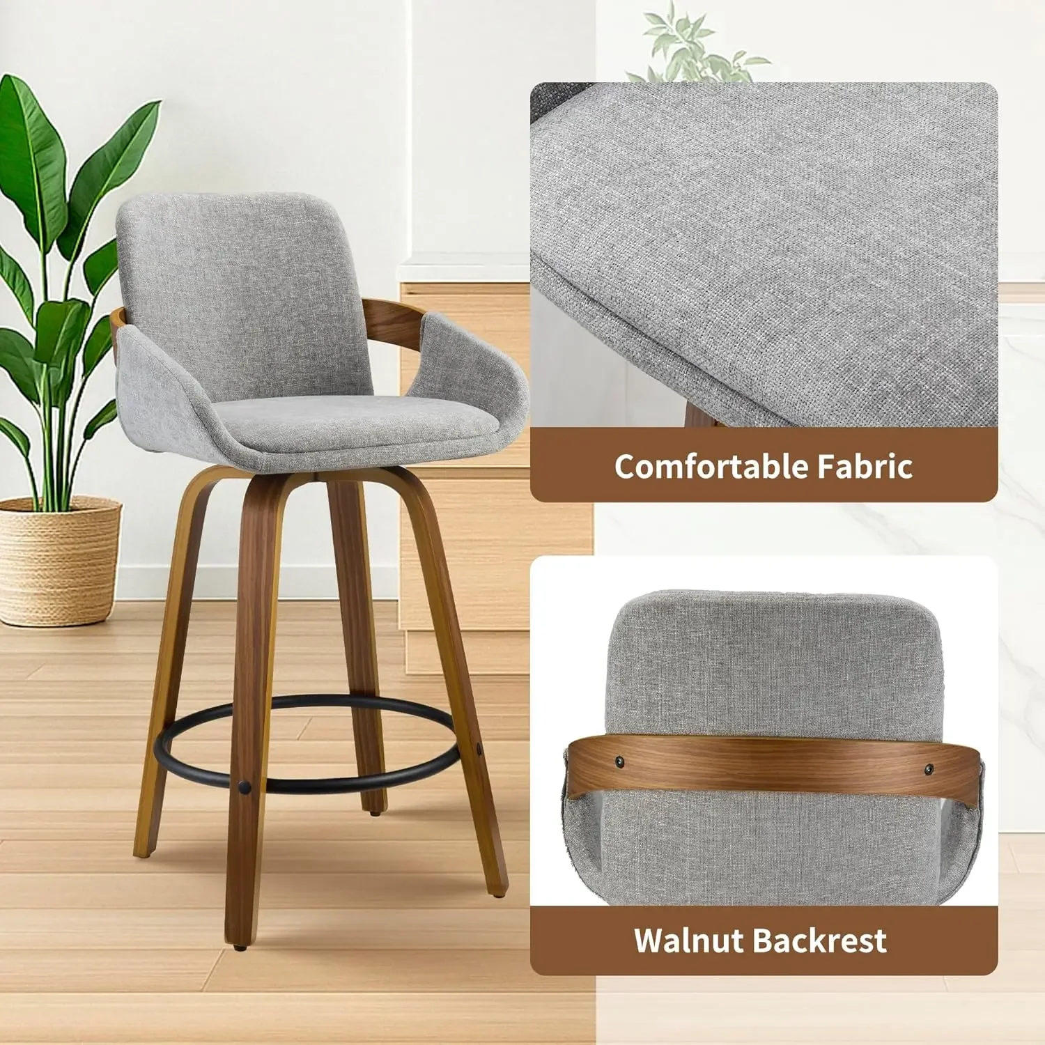 Swivel Bar Stool Set of 2, Fabric High Back Counter Stools with Armrests, 360° Swivel, Walnut Finish - Light Grey