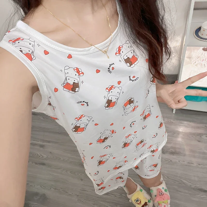 Conjunto de pijama Sanrio Hello Kitty para mulheres, Desenhos animados, doce, fofo, kawaii, casa, roupas casuais, Y2K, moda menina, regata, calção, conjunto 2 peças