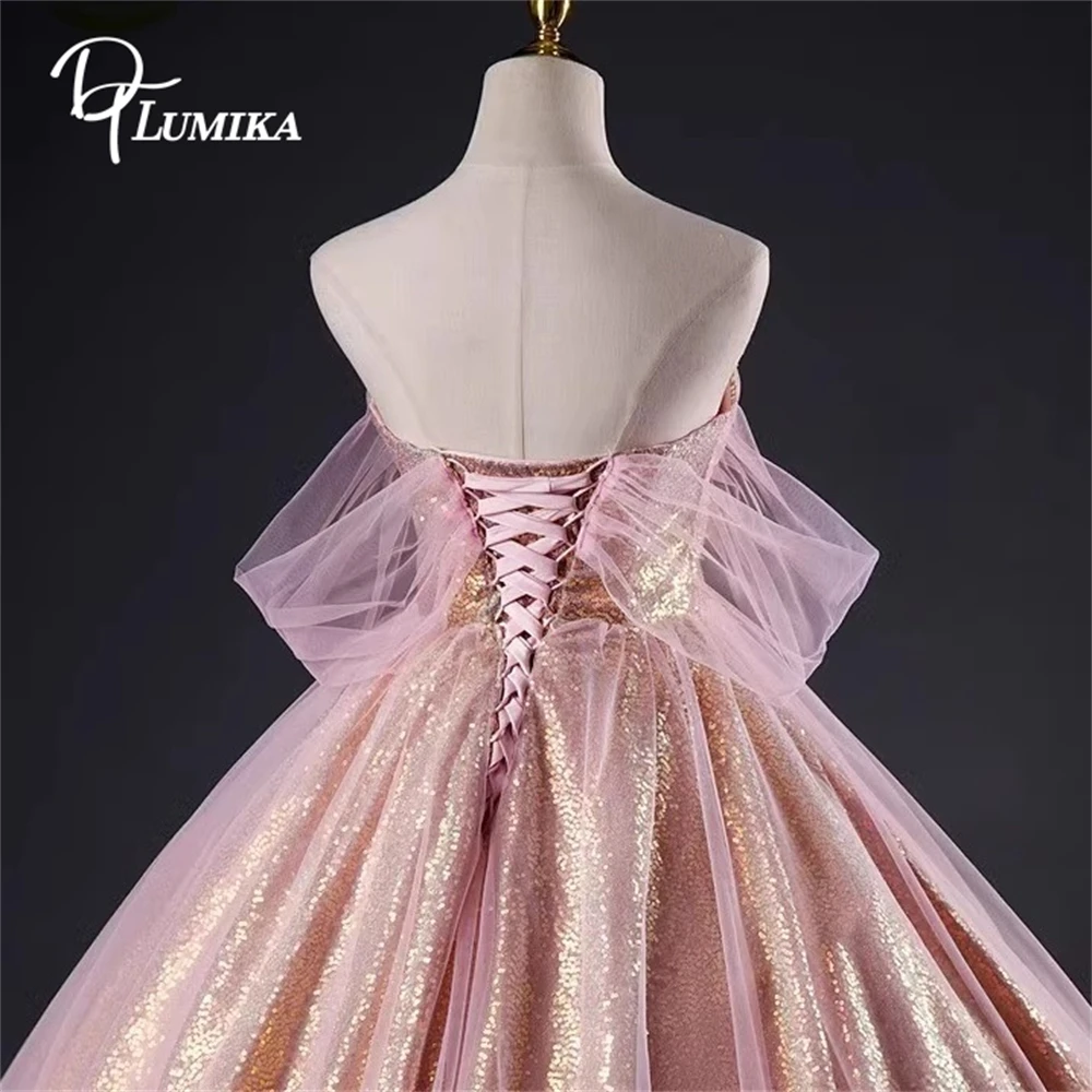 สีชมพูSequins Ball GownชุดราตรีTulleปิดไหล่อย่างเป็นทางการสําหรับผู้หญิงLace-Upกลับหวาน 15 16 ชุดSparkleชุด