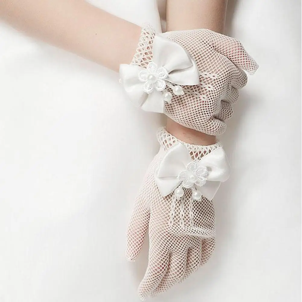Net Bow Tie Dress White Gloves Wedding Dress Princess Gloves Children White Flower Princess Gloves for Children Girls