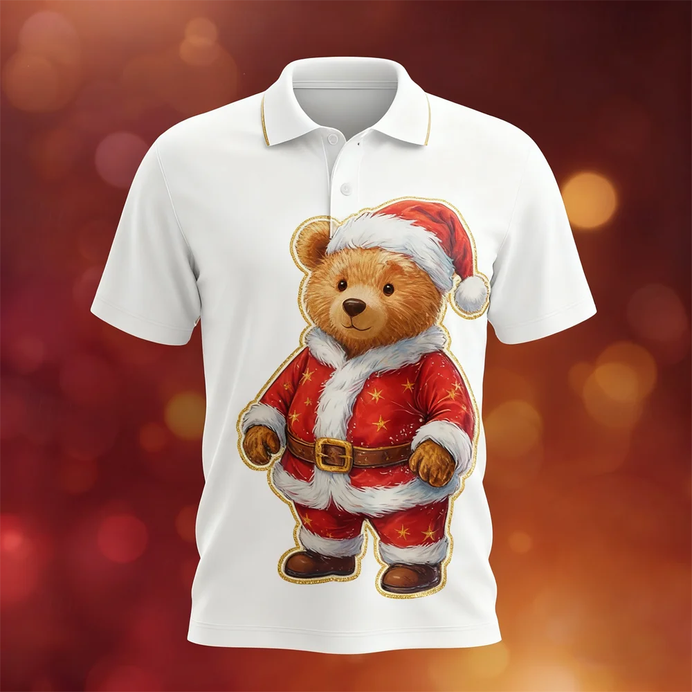 هدية عيد الميلاد نمط قميص بولو قصير الأكمام 3D طباعة مضحك سانتا كلوز الرسم زر التلبيب أعلى تنفس سريعة الجافة الملابس