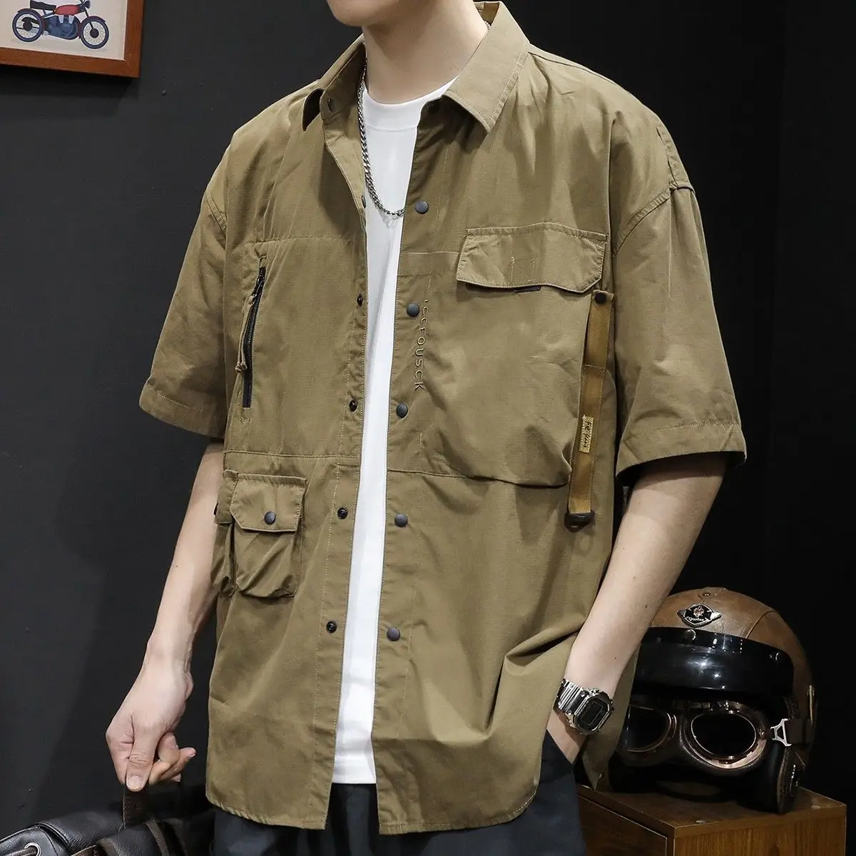 Men\'s Shirt Green Cargo Oversize Male Shirts with Pocket Xxl Sleeves High Quality Luxury Japanese Vintage Casual Designer Social