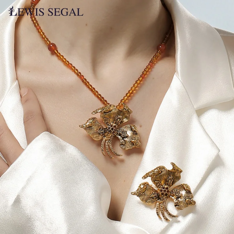 

LEWIS SEGAL Medieval Style Original Jewelry Sets Luxury Necklace Brooch Earrings Combo for Women Golden Flower Riddle 18K Gold