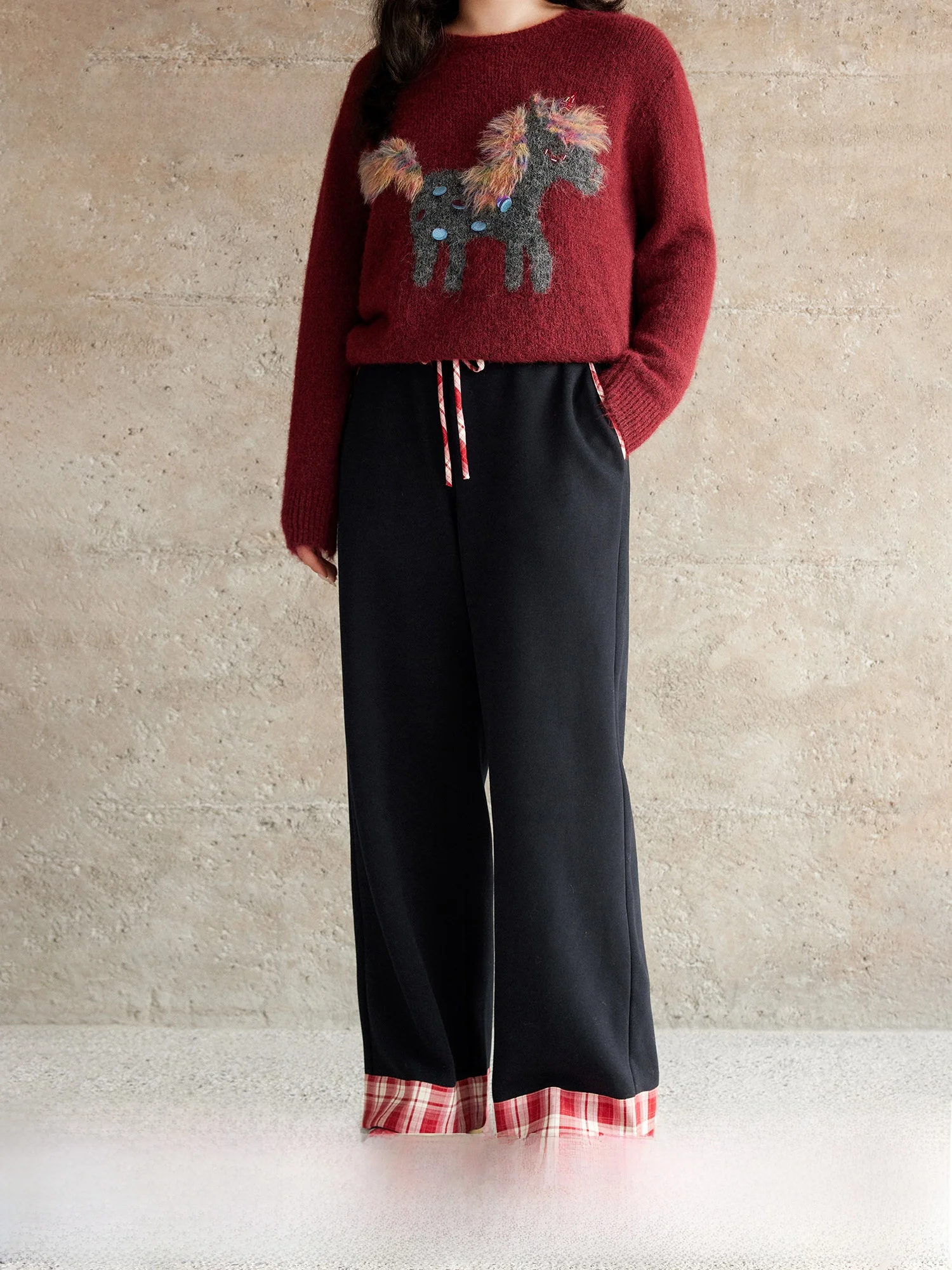 

Зимние вязаные брюки в клетку Plusmall, женские повседневные брюки с флисовой подкладкой, дизайн с цветовыми блоками, удобная посадка