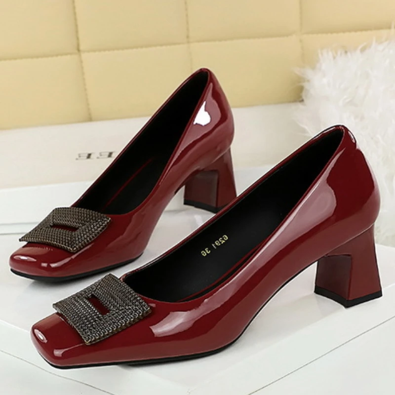 BIGTREE Temperament Women Profession OL 5cm High Heels Pumps Square Toe Patent Leather Crystal Buckle Decoration Lady Shoes view 3