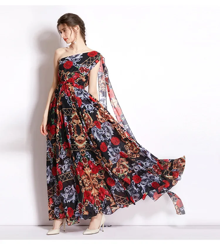 Blossom Printed One Shoulder Lace Up Maxi Chiffon Dress