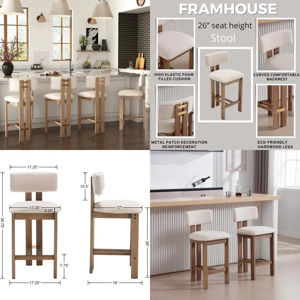 Set of 4 Modern Farmhouse Bar Stools, Counter Height Kitchen Chairs with Linen Upholstery and Natural Wood