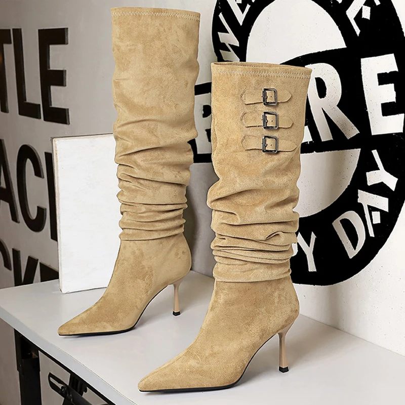 BIGTREE Shoes Suede Over-the-knee Boots Sexy High-heeled Boots Stiletto Belt Buckle Decoration Women Boots Autumn Winter Shoes