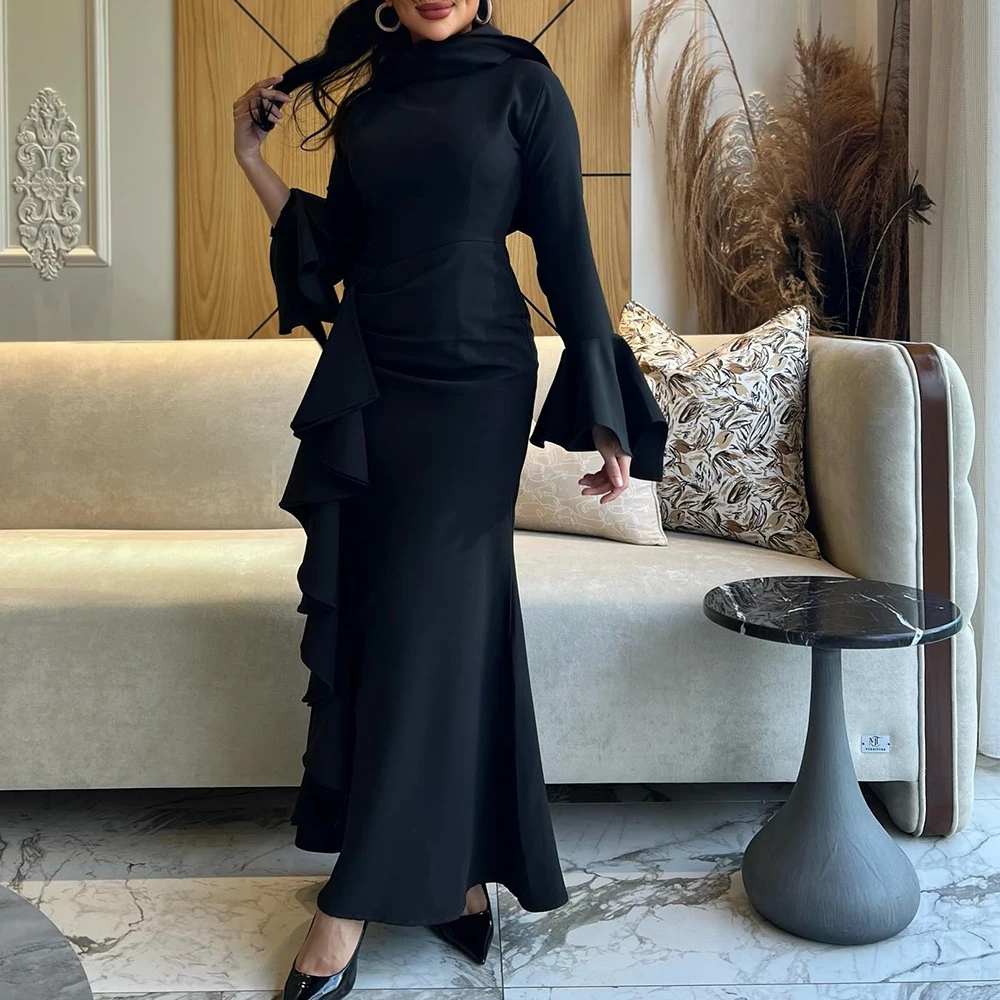 

Customized Jersey A-Line Ruffles Flare sleeves Evening Dress High Collar Floor Length Long Sleeves Black Vestidos de fiesta