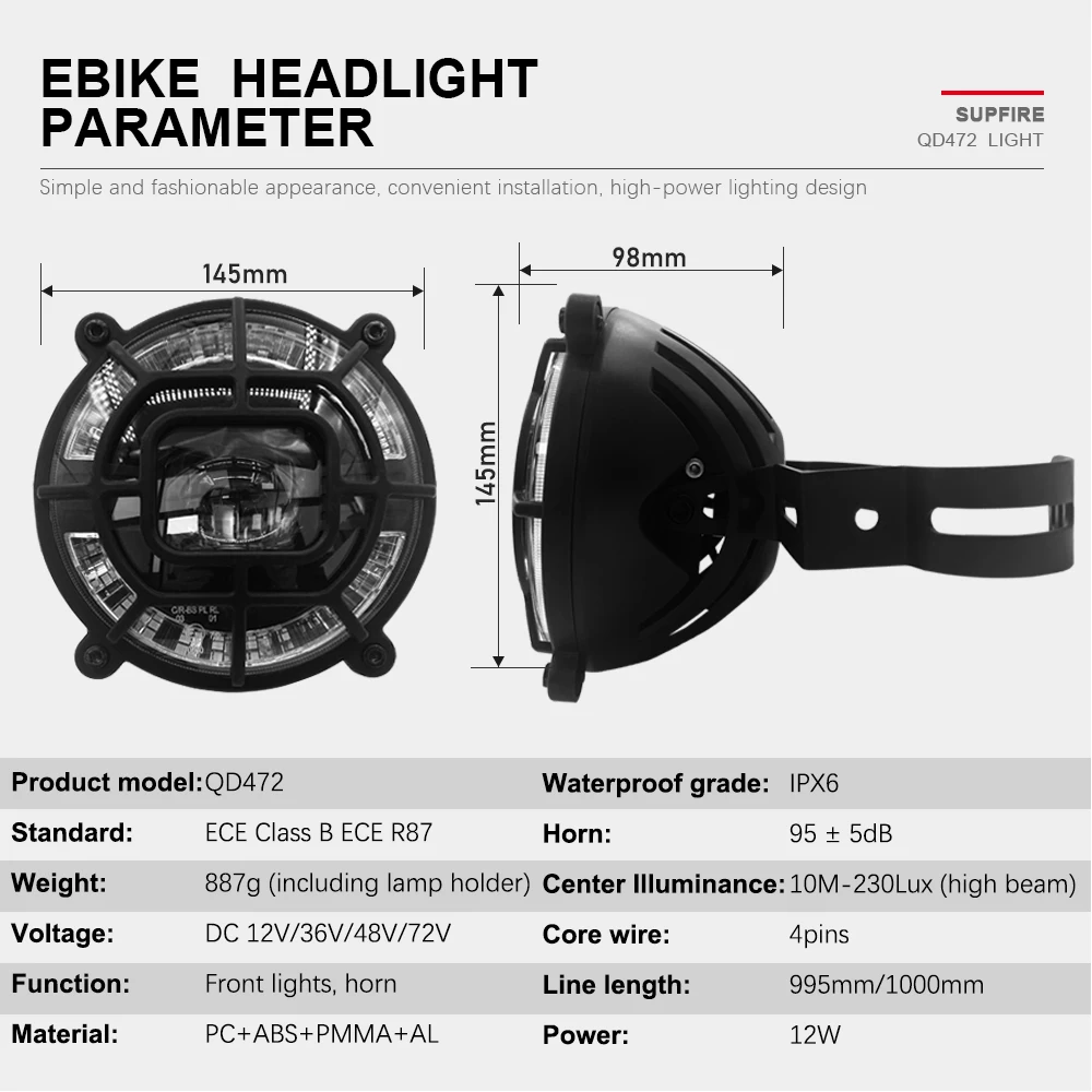 Ebike Headlight Front Light QD472 Adapt to 12V-72V 6Pin Plug for Electric Scooter Ebike Electric Motorcycle Cycling Accessories