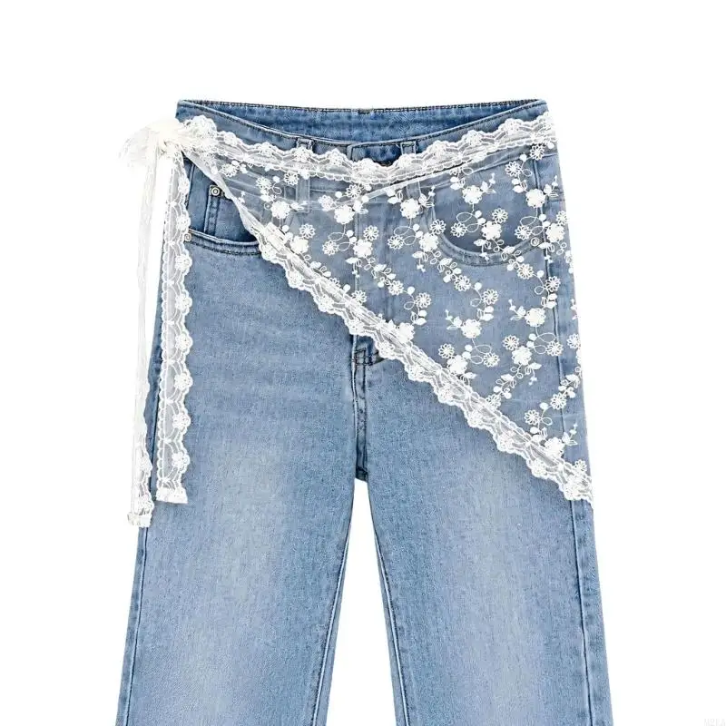 2026 New White Polyester Lace Waist Scarf for Women and Girls, Sheer Floral Cover-Up with Tie-On Triangular Outfit Styling