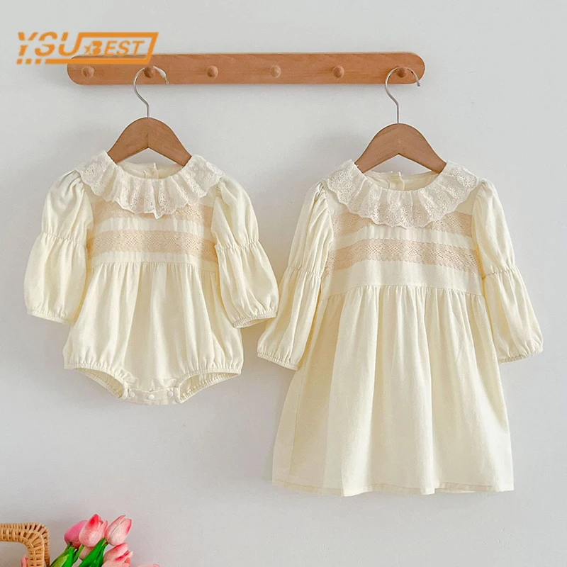 Infant Kids Baby Girls Long Sleeve Lace Collar Sisters Dress Autumn Newborn Kids Baby Girls Cute Princess Clothes Rompers