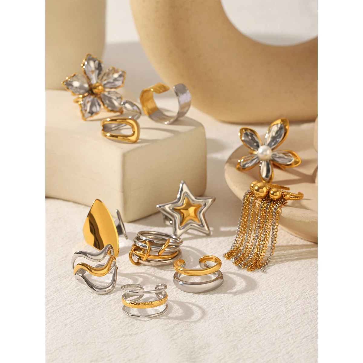 

NovaWay Stainless Steel Gold Plated Two Tone Open Ring Set Waterproof Hypoallergenic No Fade for Women Daily Office Party Gift