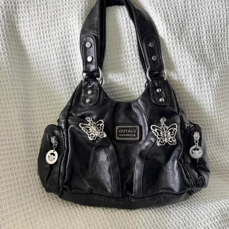 Y2k tas bahu hitam wanita, Tote Bag kulit motor Vintage kapasitas besar mode canggih Gotik