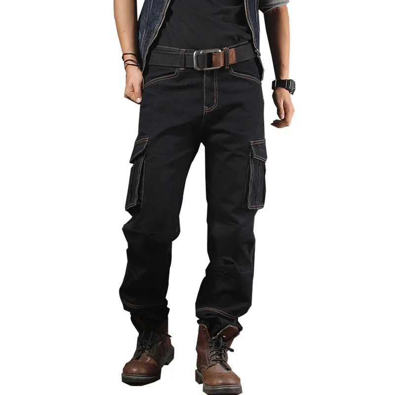 Men Tactical Cargo Jeans Casual Multi Pockets Denim Pants Loose Straight Leg Oversized Trousers Wear-resistant Outdoor Overalls