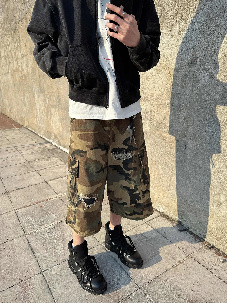 

Мужские джинсы в стиле ретро, свободного кроя, прямые, повседневные, средней посадки, удлиненные до щиколотки, с рваными элементами и пэчворком