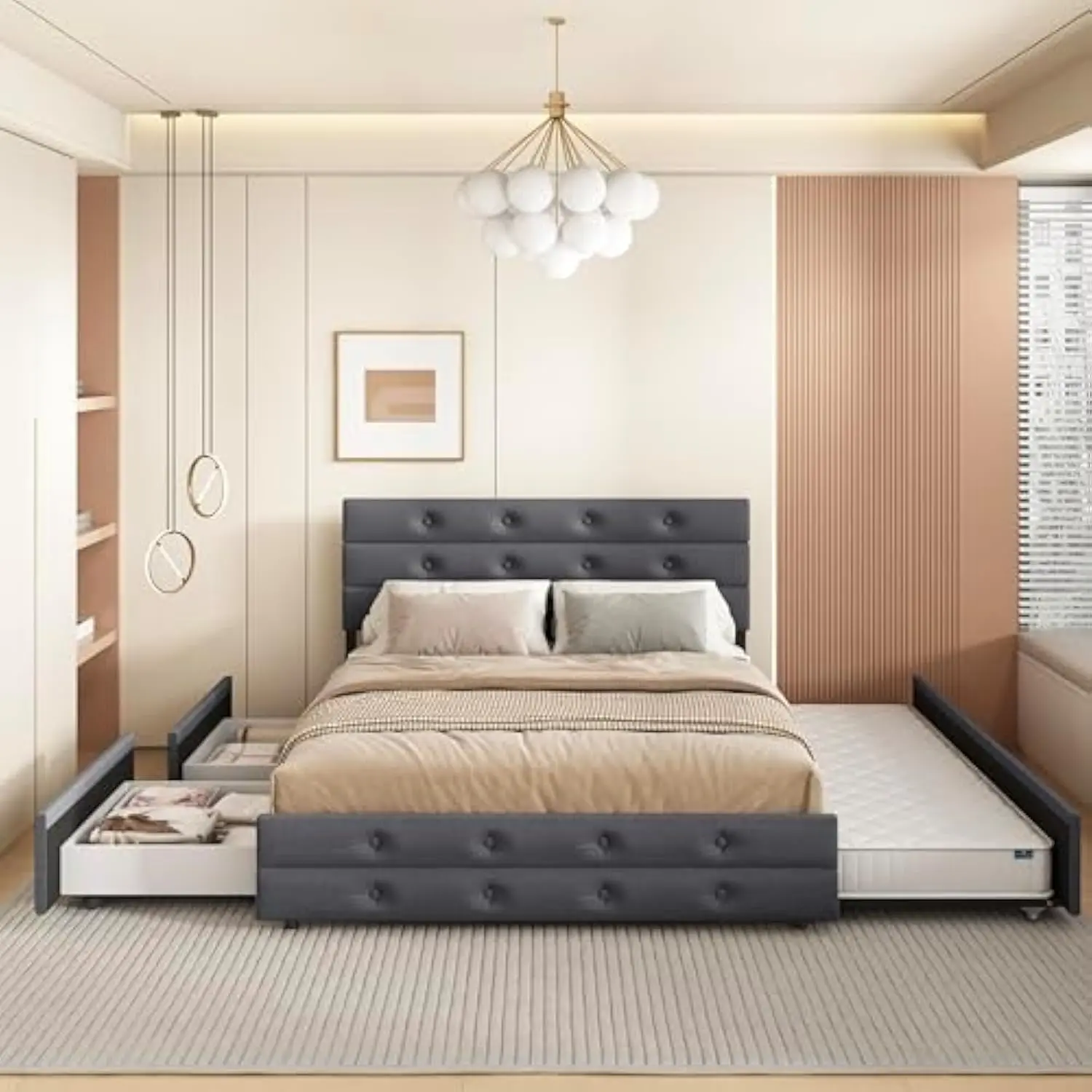 Upholstered Queen Size Platform Bed Frame with Storage Drawers and Trundle Bed, Button Tufted Headboard, Mattress Foundation wi