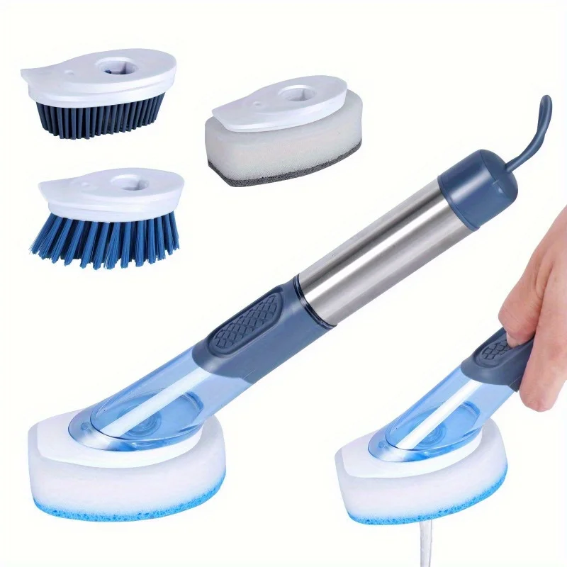 5-in-1 Kitchen Cleaning Brush Set with Soap Dispenser - Long Handle, Stainless Steel, 4 Replacement Heads for Pots