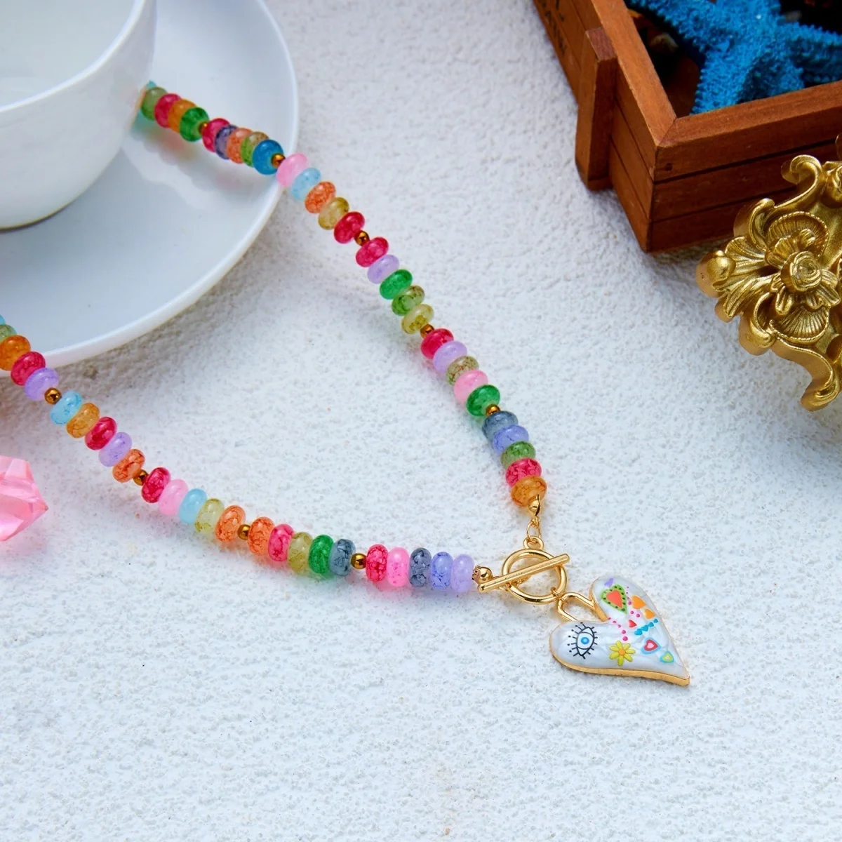 Dopamin Bunte Glas-Flachperlen Graffiti-Blumen-Herz-Anhänger Halskette für Frauen Männer Y2K Vintage OT-Schnallen-Choker Schmuck – Detail 33