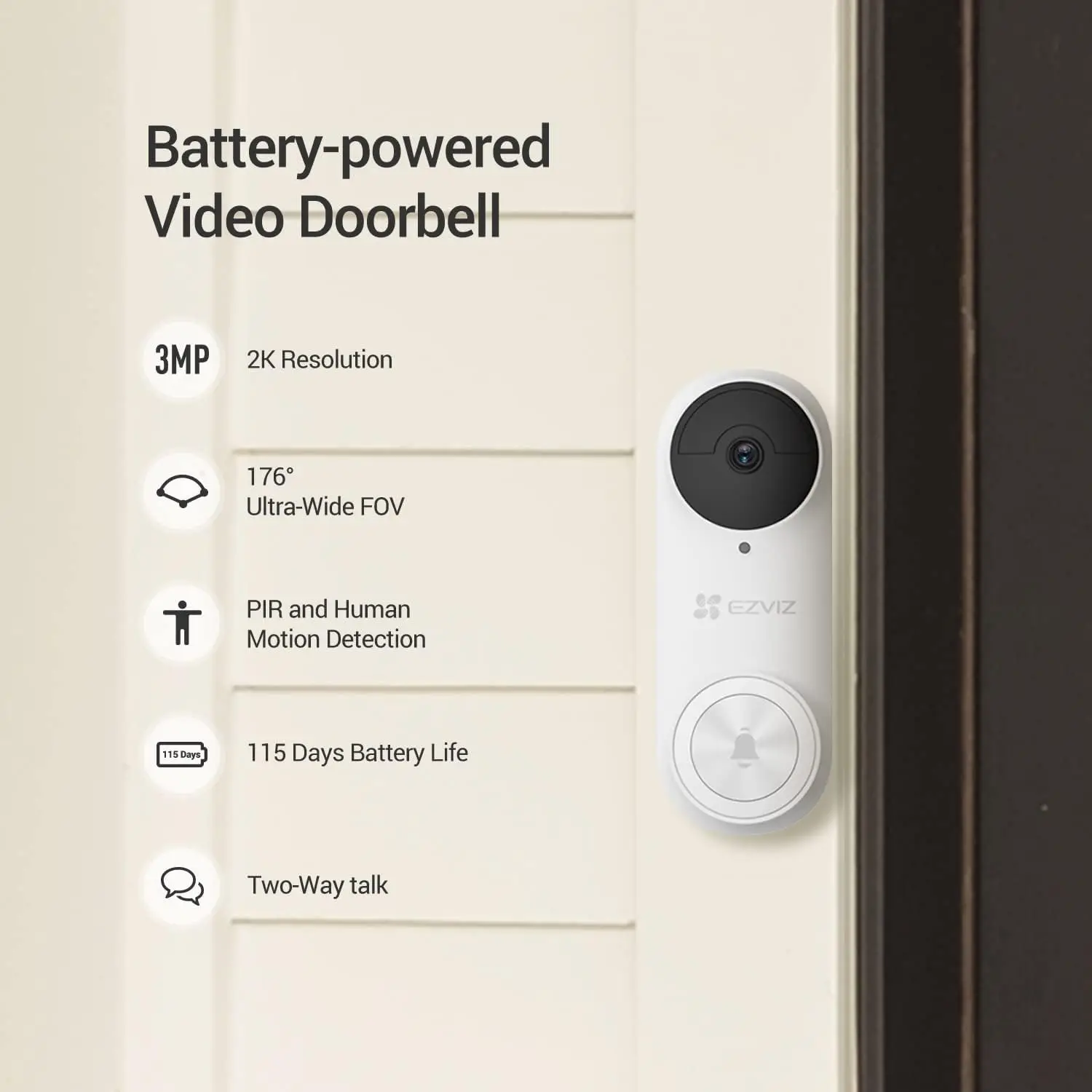 EZVIZ DB2-B Pro 3MP Battery-Powered Wireless Video Doorbell Kit with Chime, PIR Human Detection, 5200 mAh Battery, Weatherproof