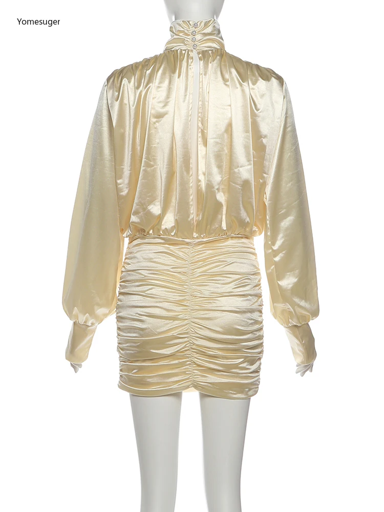 Yomesugar Sexy Silky Satin Pleated Mini Dress Woman Autumn Trend Turtleneck Full Sleeve Backless Skinny Vestidos Party Clubwear